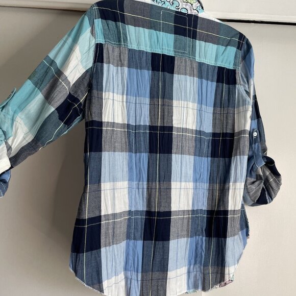 Cino SUNDANCE Floral Plaid Mixed Print Button Down Top Size S Blue Cotton - Picture 5 of 16
